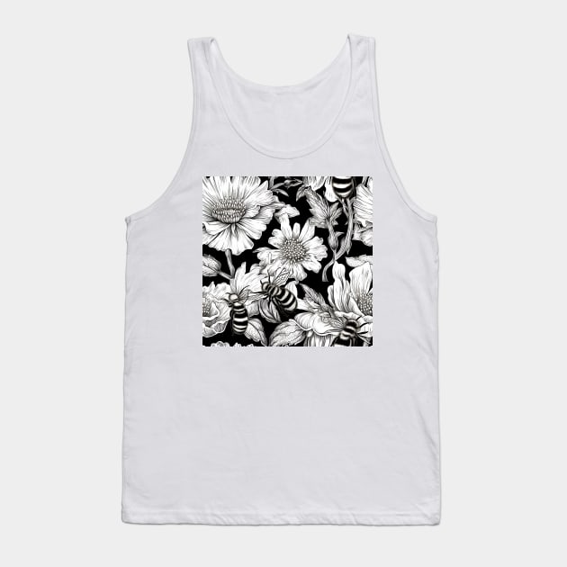 Bees Amidst Flowers Pen And Ink Engraving Tank Top by SubtleSplit